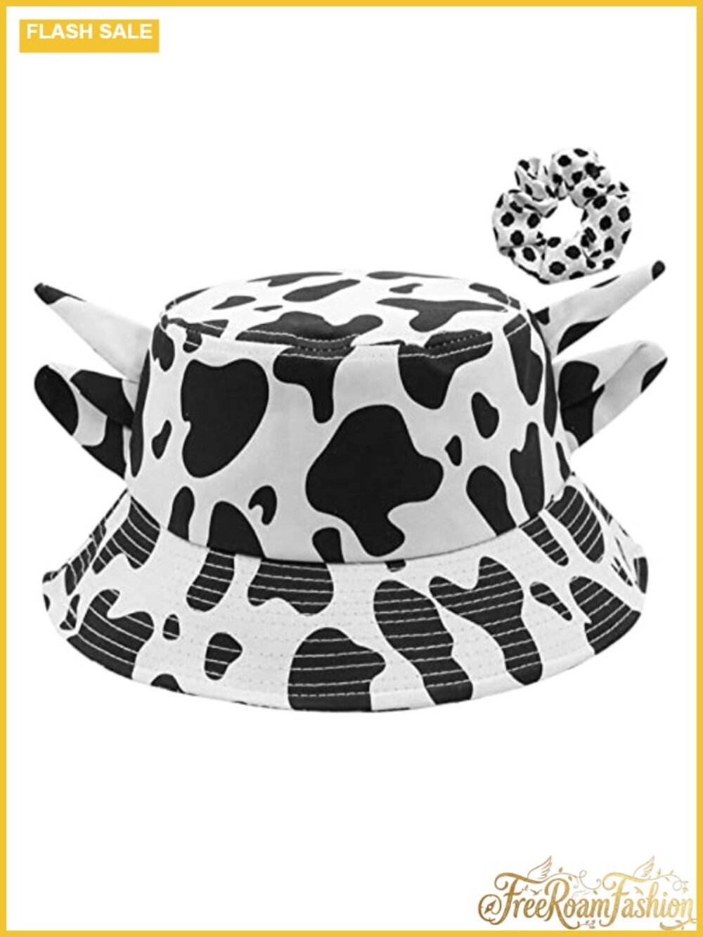 Unisex Cow Print Bucket Hat with Horn Ears Cotton Sun Protection